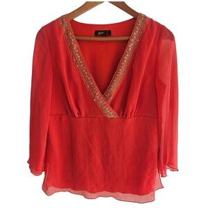 VTG 8 Coral Red V Neck Beaded Top Sheer Sleeve Blouse Fairy Y2K Boho Glam Flowy